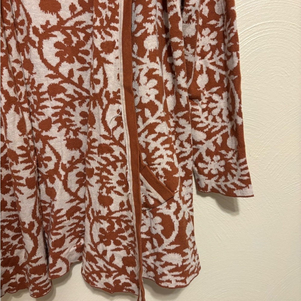Belldini Rust Cream Floral Hooded Knit Cardigan Open Front Pockets Size L/XL - Picture 7 of 8